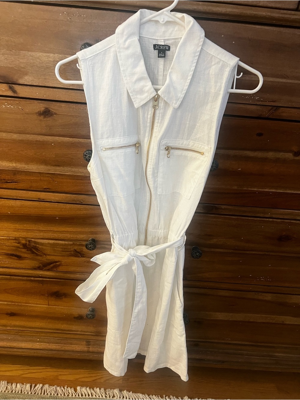J.Crew White Linen Blend Utility Zip Front Belted Dress Size 6